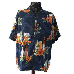 Vintage Hilo Hattie The Hawaiian Original Beers Novelty Print Shirt Beer Button